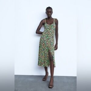 NWT ZARA Floral Print Button Front Midi Dress XS Green Pink Black